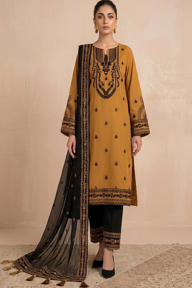 Shrenz Mustard Luxury Lawn Collection Replica