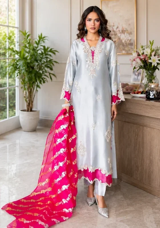Shrenz Silver Sheesha Silk Formal Collection Replica