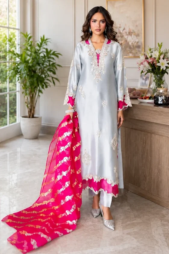 Shrenz Silver Sheesha Silk Formal Collection Replica