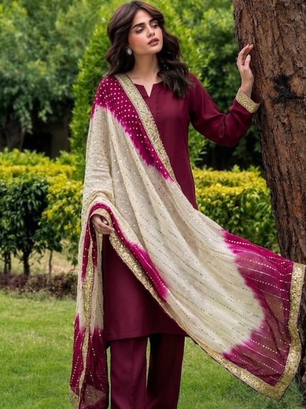 Shrenz Maroon Silk Formal Collection Replica
