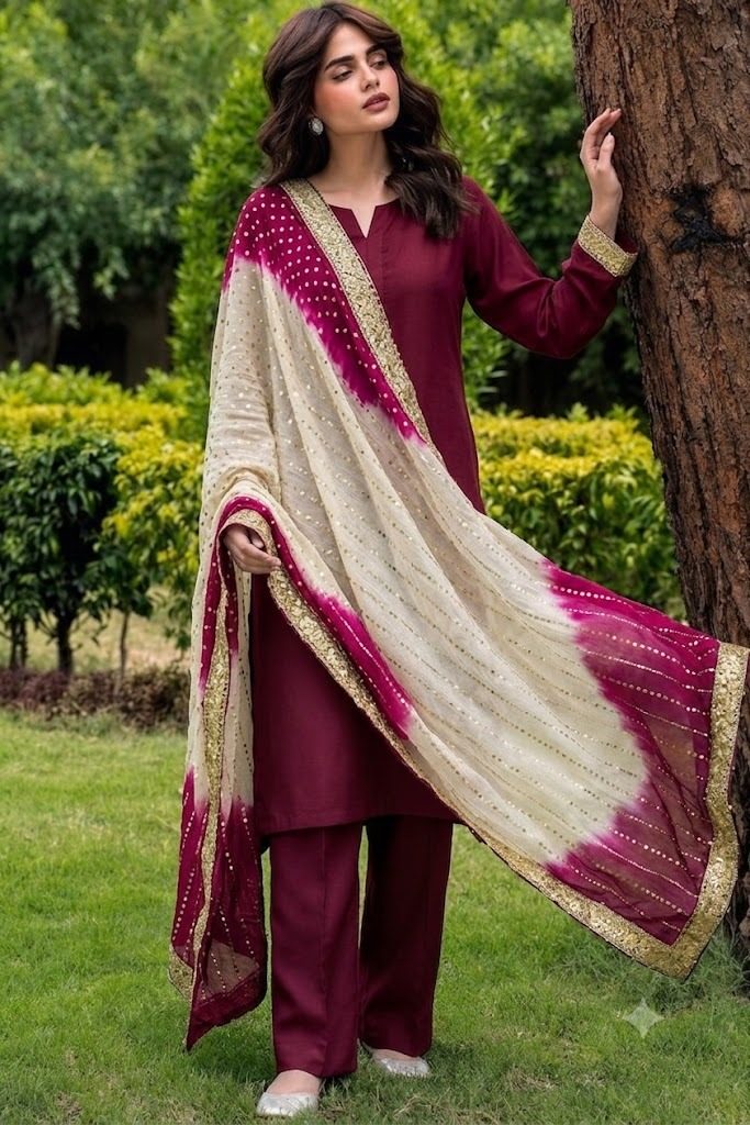 Shrenz Maroon Silk Formal Collection Replica