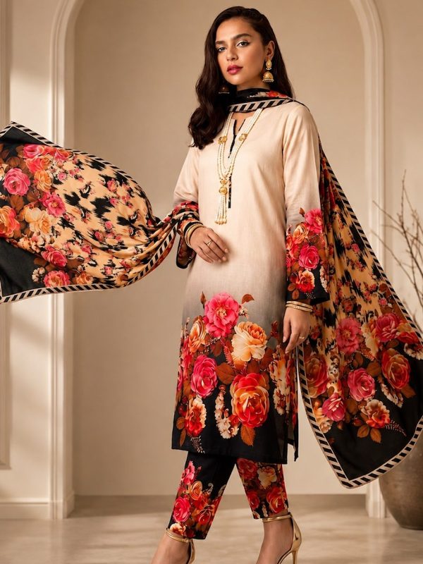 Shrenz Black Printed Silk 3 Piece Collection Replica