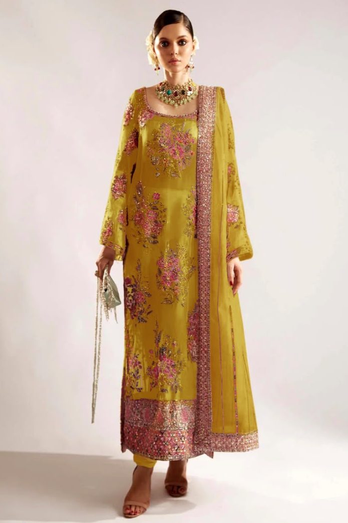 Hussain Rehar Mustard Organza Formal Collection Replica