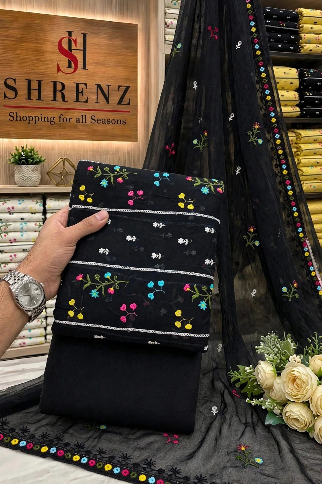 Shrenz Black Luxury Lawn Collection Replica