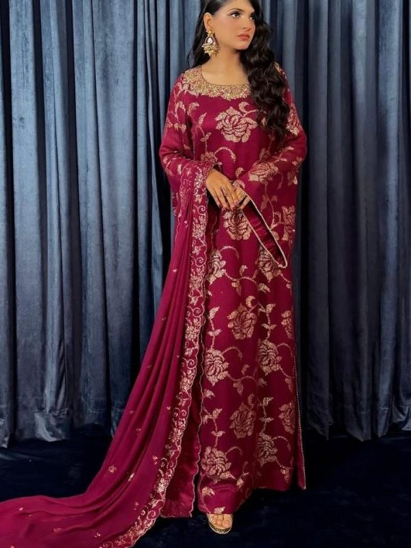 Shrenz Maroon Chiffon Formal Collection Replica