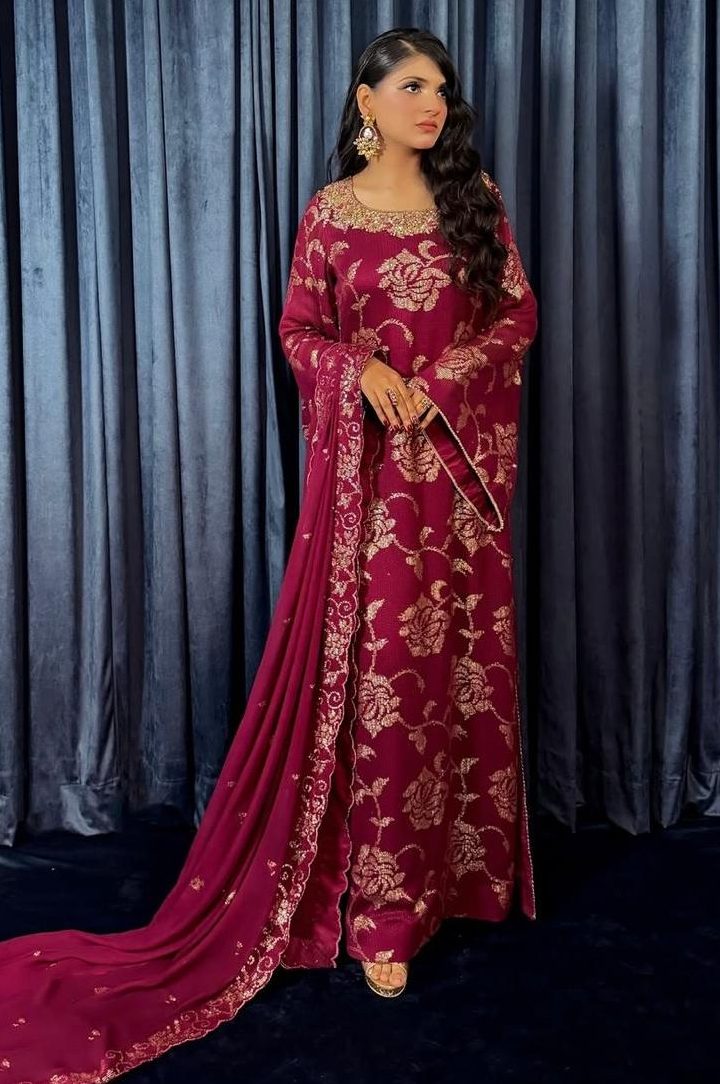 Shrenz Maroon Chiffon Formal Collection Replica