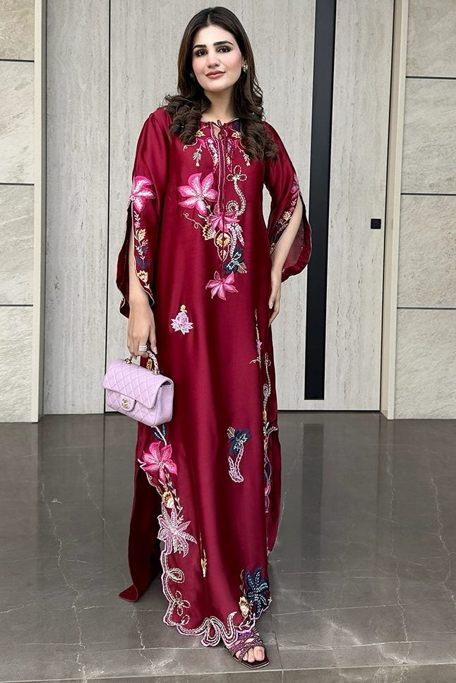Shrenz Maroon Silk Formal Collection Replica