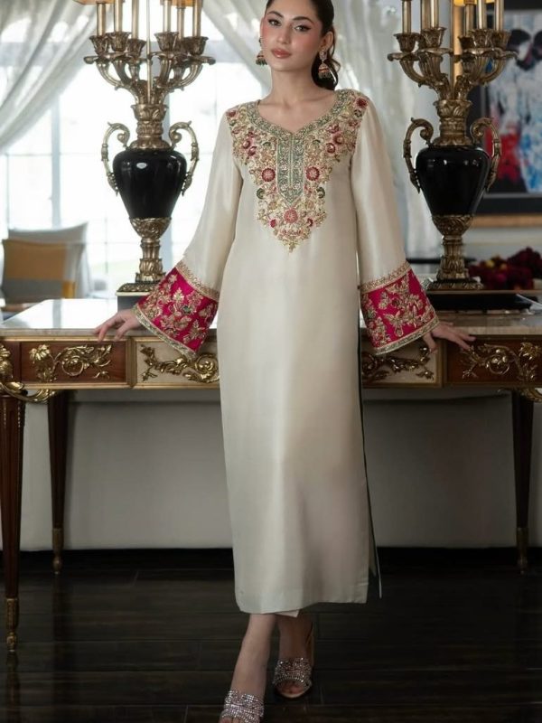 Shrenz White Raw Silk Formal Collection Replica