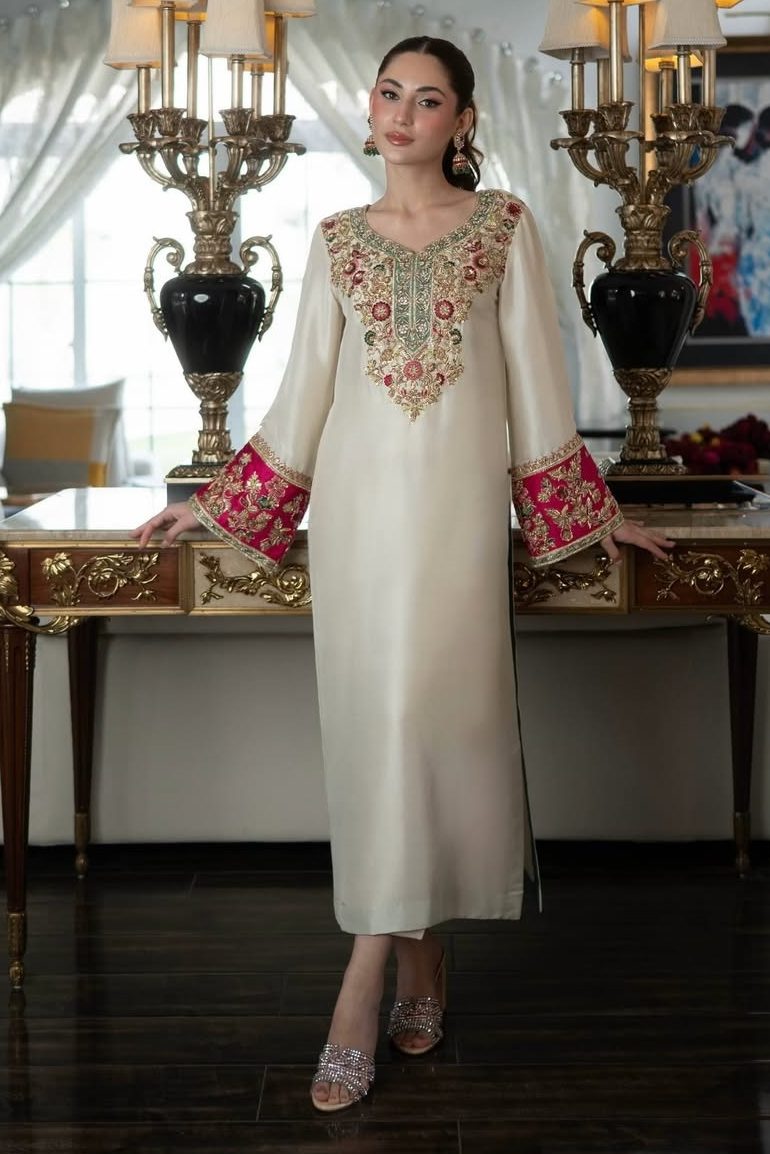 Shrenz White Raw Silk Formal Collection Replica