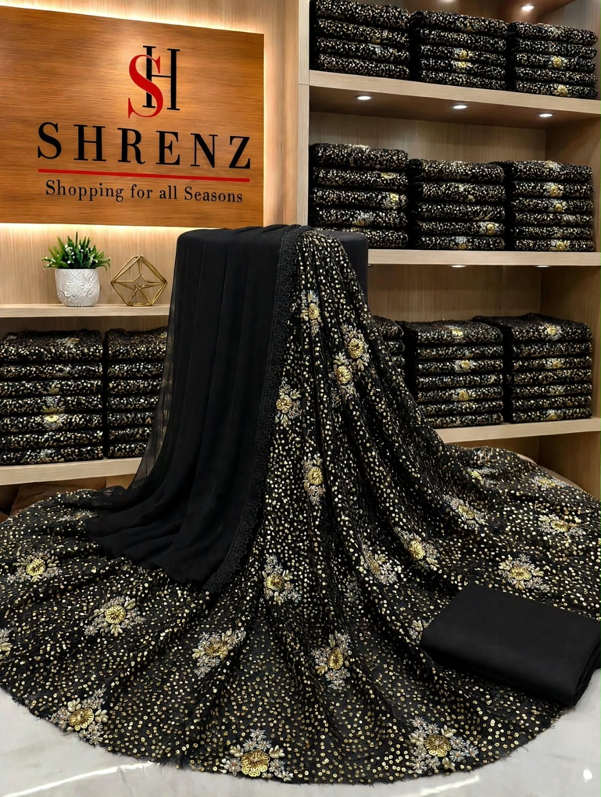 Shrenz Shocking Black Chiffon Formal Collection Replica