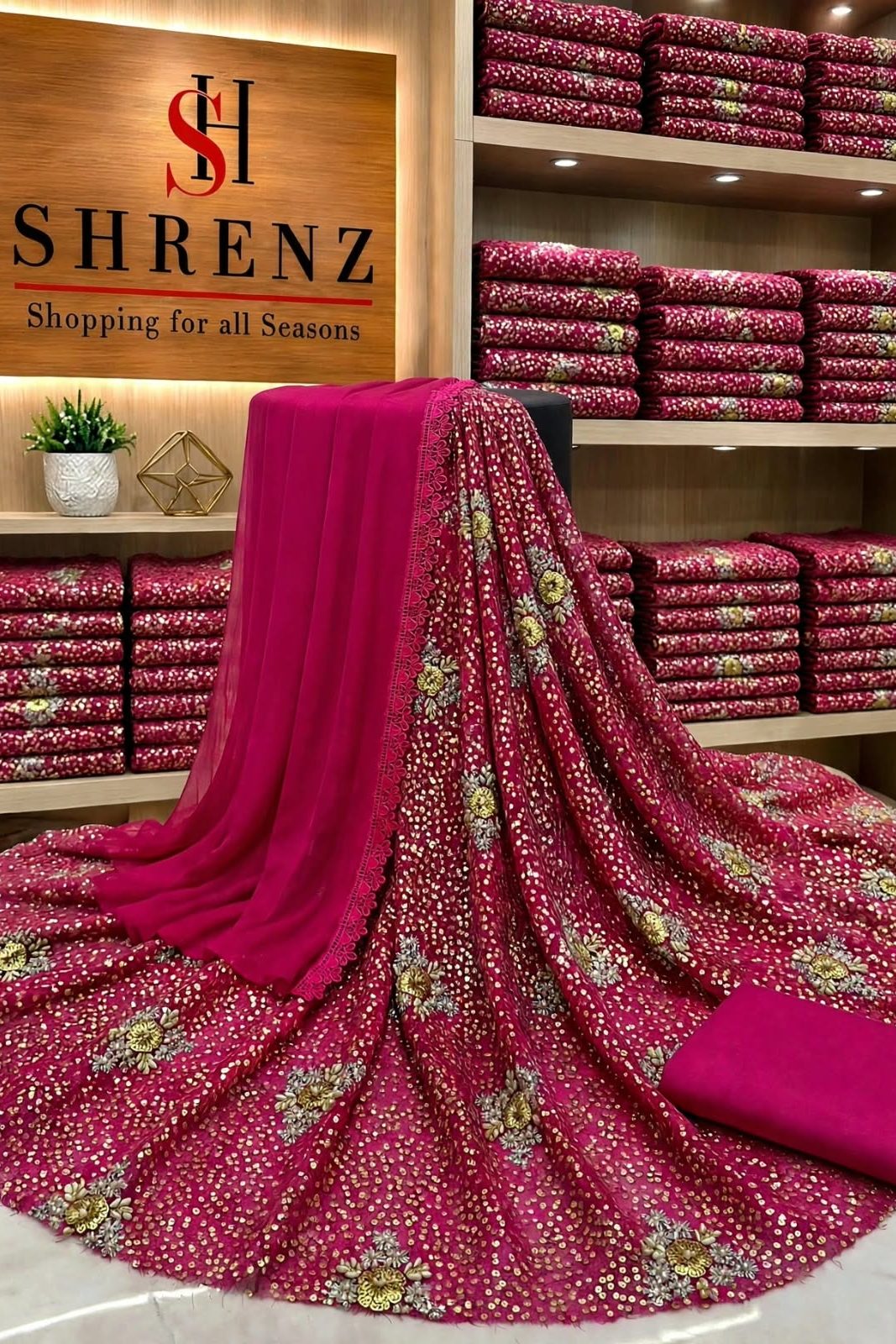 Shrenz Shocking Pink Chiffon Formal Collection Replica