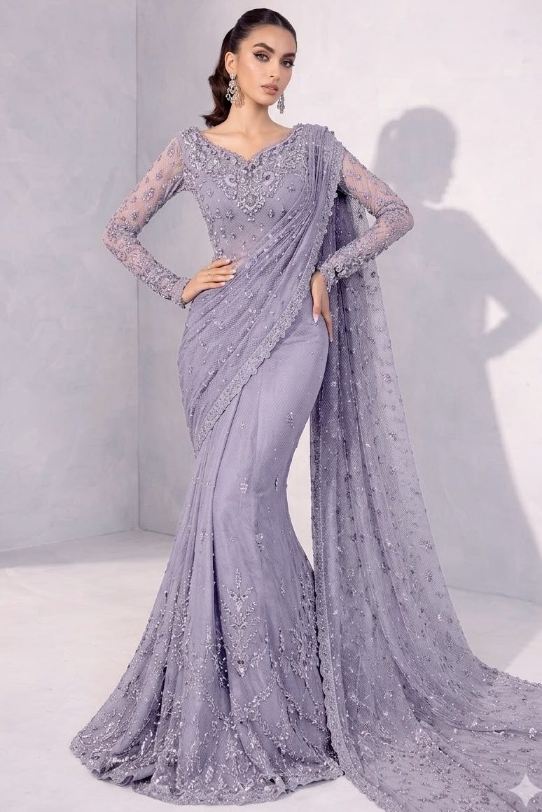 Maria B Purple Net Saree Collection Replica