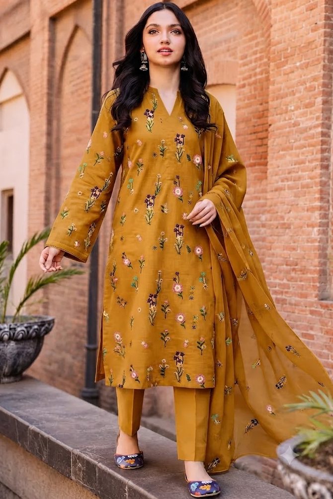 Shrenz Mustard Luxury Lawn Collection Replica