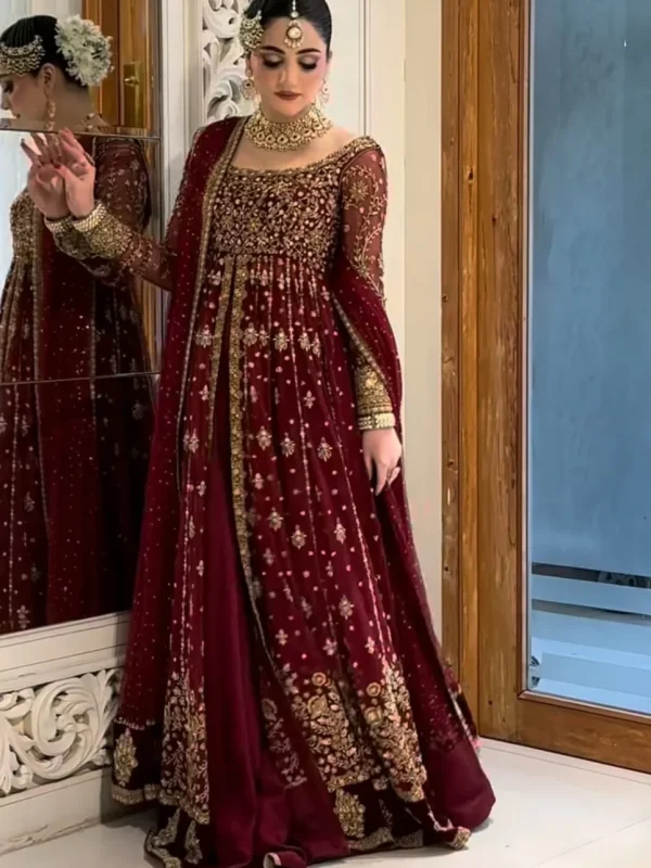 Haris Shakeel Maroon Net Bridal Collection Replica