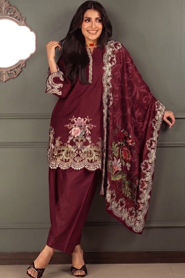 Shrenz Maroon Winter Formal Collection Dhanak Replica