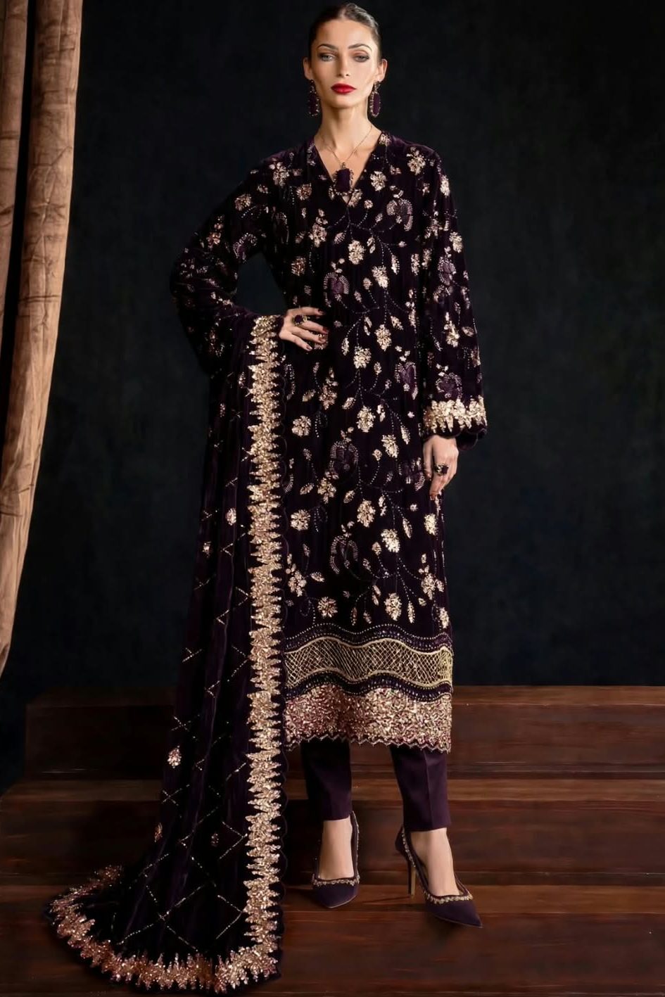 Shrenz Purple Velvet Winter Collection Replica