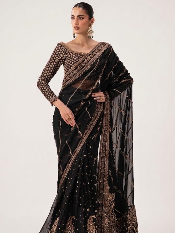 Maria B Black Chiffon Saree Collection Replica