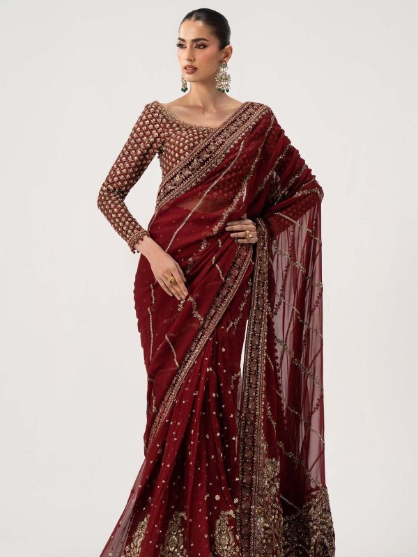 Maria B Maroon Chiffon Saree Collection Replica
