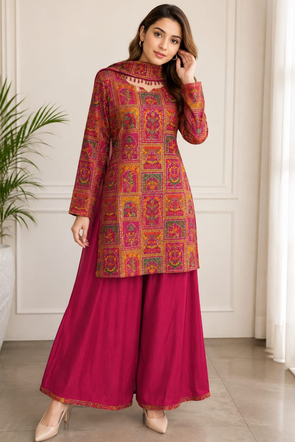 Shrenz Shocking Pink Raw Silk Formal Collection Replica