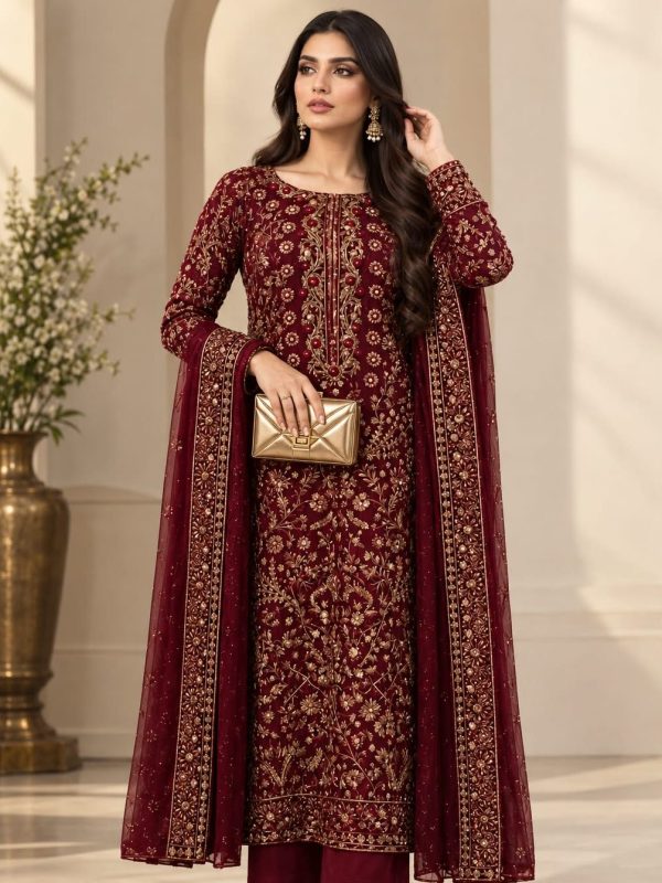 Shrenz Maroon Sheesha Silk Formal Collection Replica
