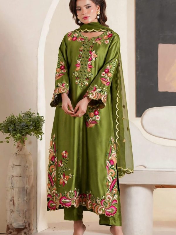 Shrenz Parrot Green Silk Formal Kaftan Collection Replica