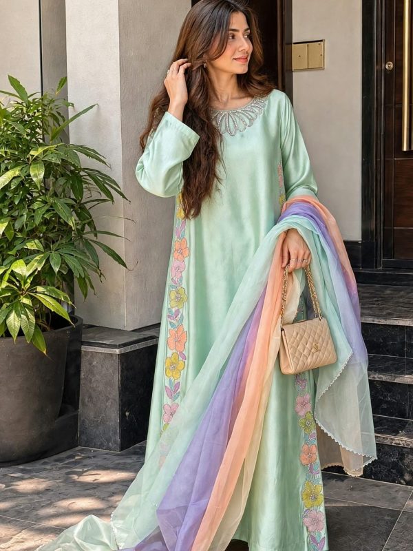 Shrenz Seagreen Silk Formal Kaftan Collection Replica