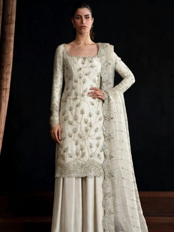Shrenz White Cutdana Crinkle Pure Chiffon Formal Collection Replica