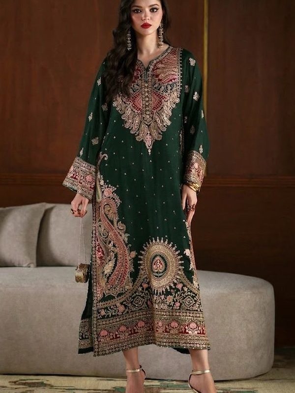 Ethnic Bottle Green Silk Formal Collection Replica