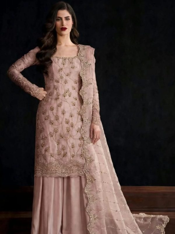 Shrenz Peach Cutdana Crinkle Pure Chiffon Formal Collection Replica