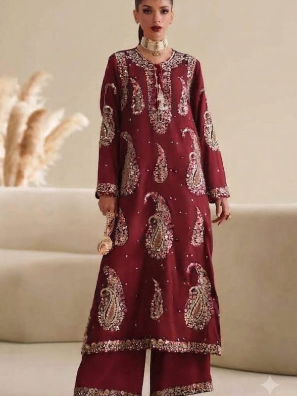 2 Piece Ethnic Maroon Formal Collection Silk Replica
