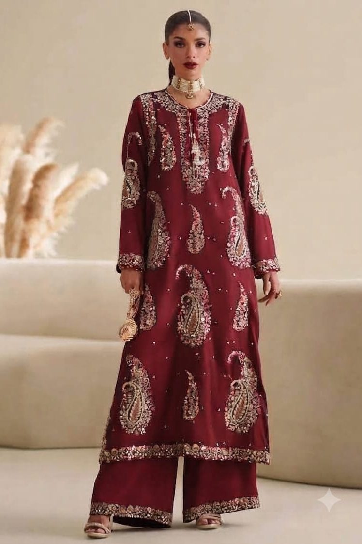 2 Piece Ethnic Maroon Formal Collection Silk Replica