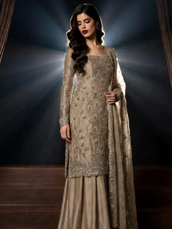 Shrenz Coffee Cutdana Crinkle Pure Chiffon Formal Collection Replica
