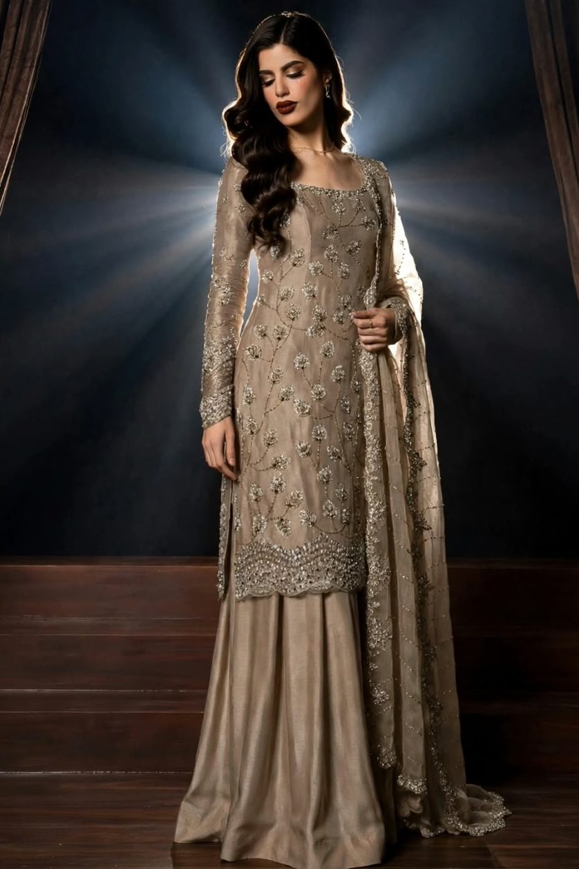 Shrenz Coffee Cutdana Crinkle Pure Chiffon Formal Collection Replica