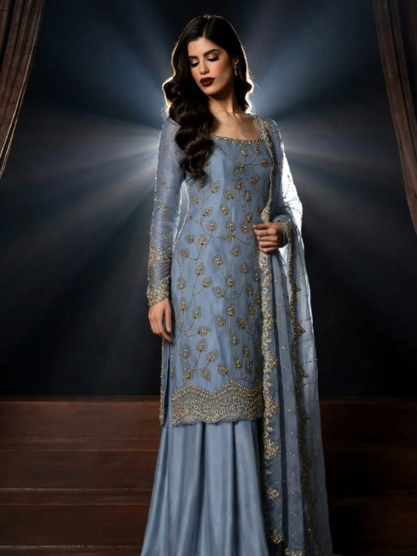 Shrenz Sky Blue Cutdana Crinkle Pure Chiffon Formal Collection Replica