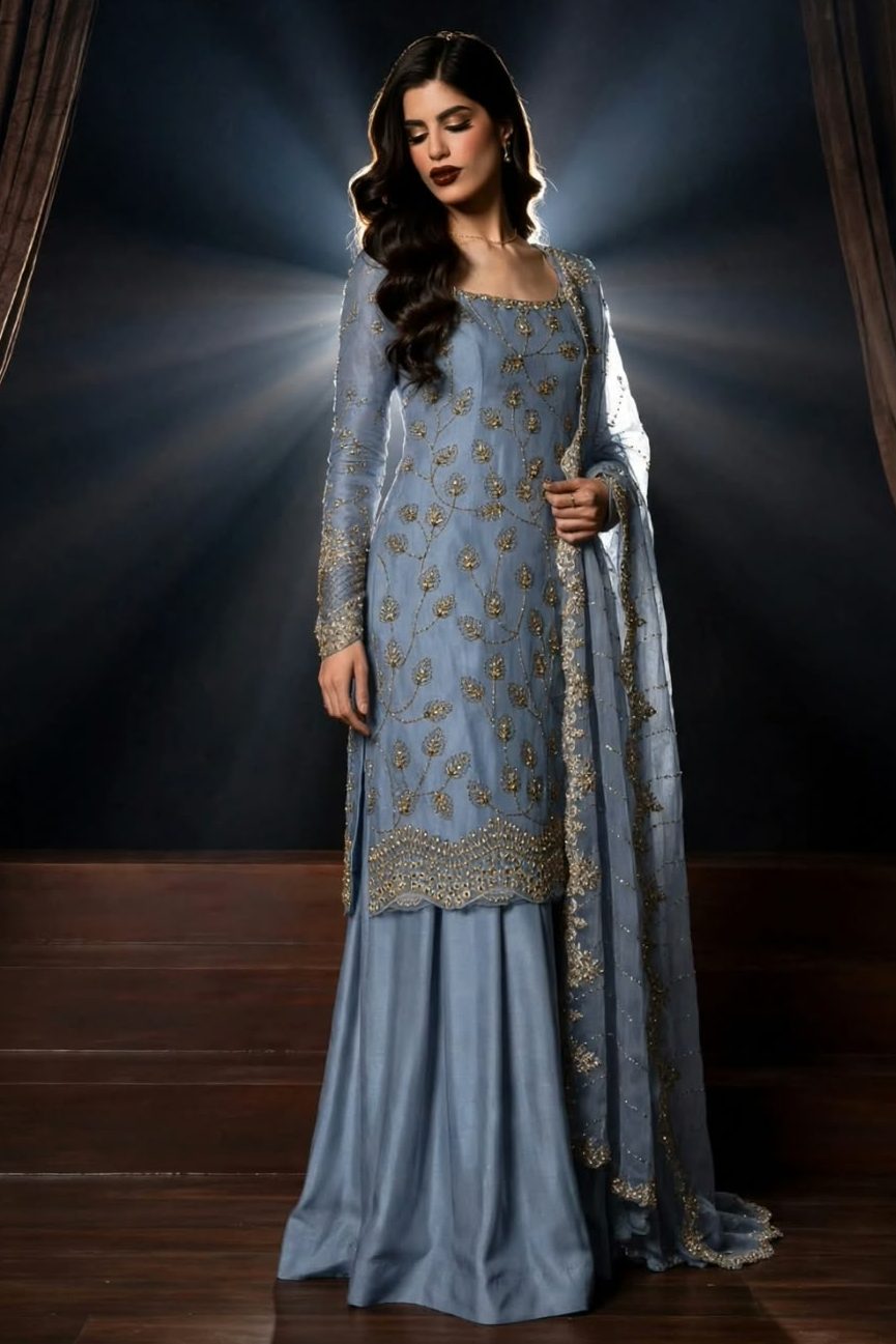 Shrenz Sky Blue Cutdana Crinkle Pure Chiffon Formal Collection Replica