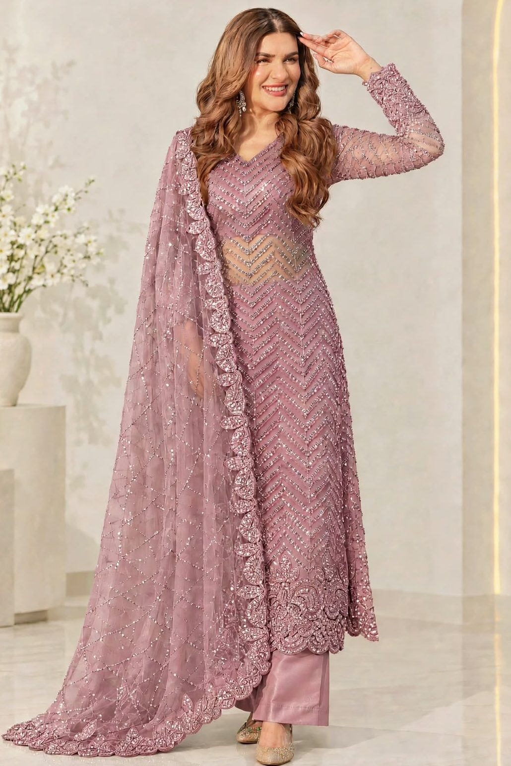 Shrenz Pink Soft Net Cutdana Formal Collection Replica