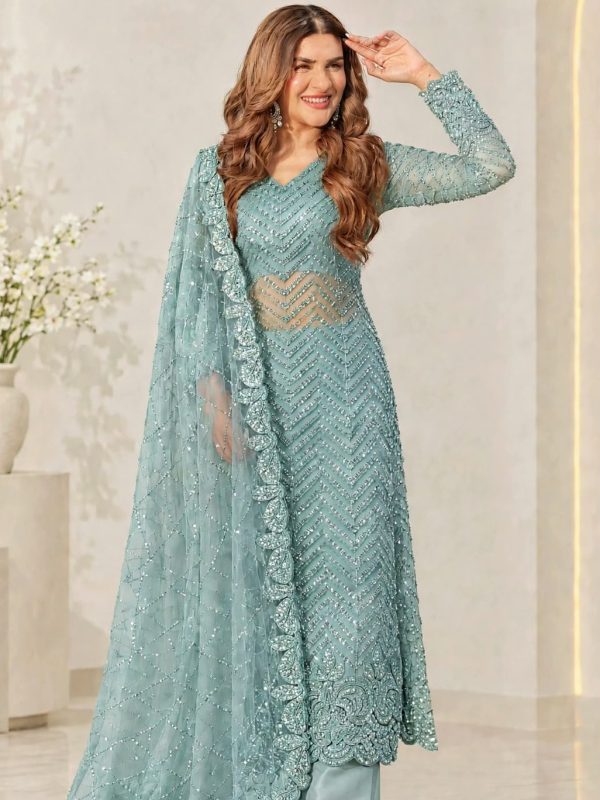 Shrenz Seagreen Soft Net Cutdana Formal Collection Replica