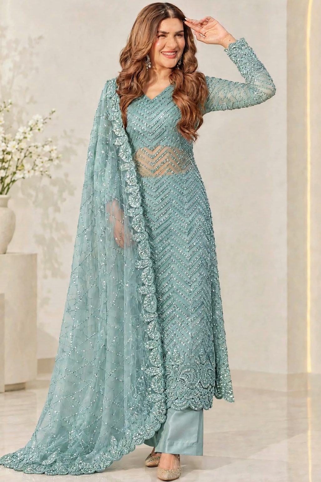 Shrenz Seagreen Soft Net Cutdana Formal Collection Replica