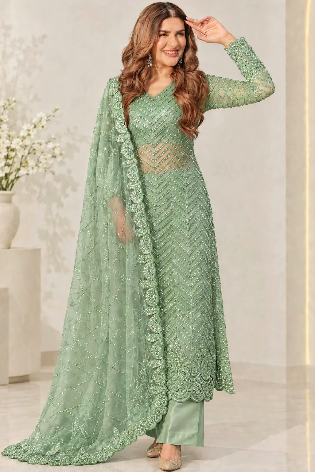 Shrenz Pistachio Soft Net Cutdana Formal Collection Replica