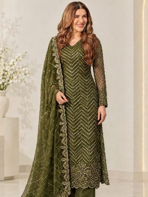 Shrenz Green Soft Net Cutdana Formal Collection Replica