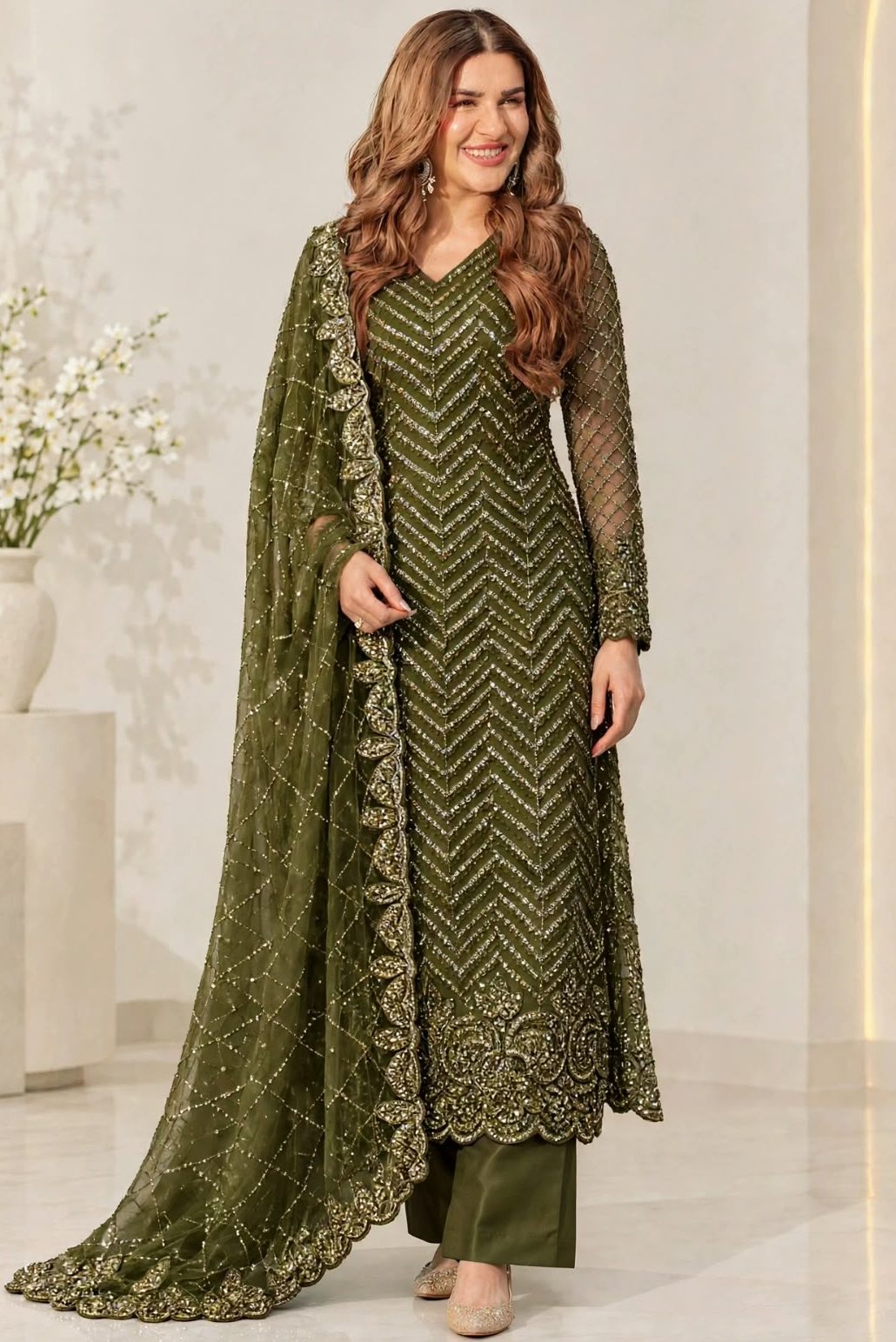 Shrenz Green Soft Net Cutdana Formal Collection Replica