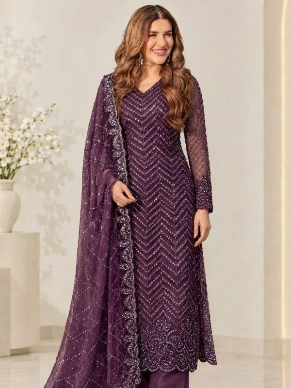 Shrenz Purple Soft Net Cutdana Formal Collection Replica