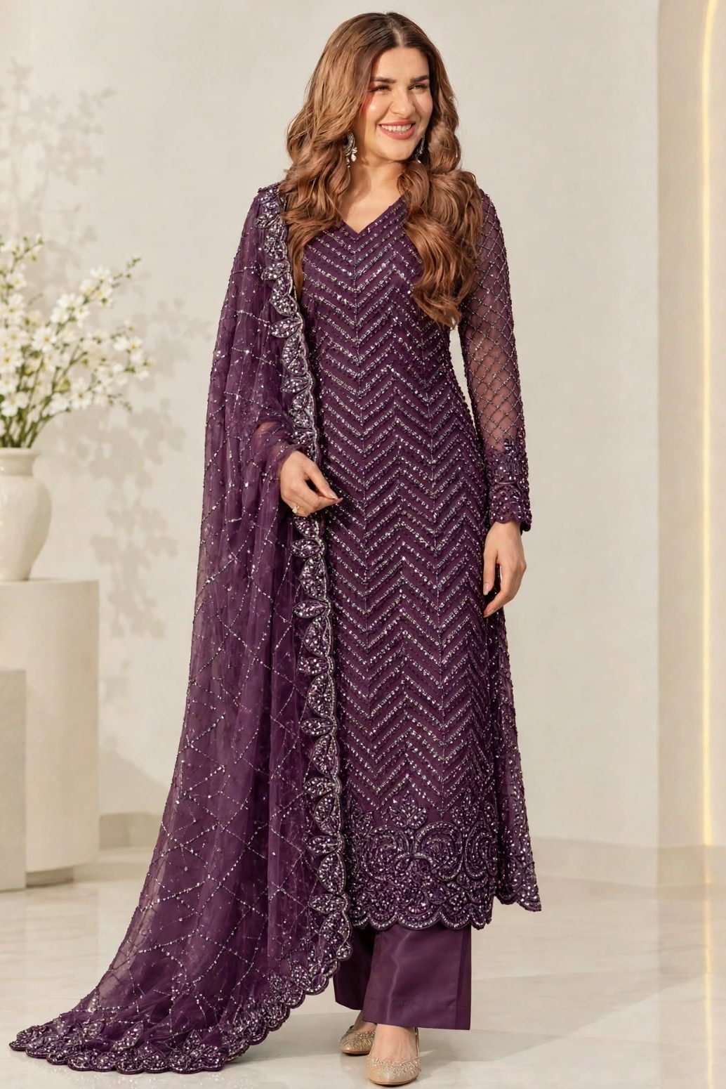 Shrenz Purple Soft Net Cutdana Formal Collection Replica