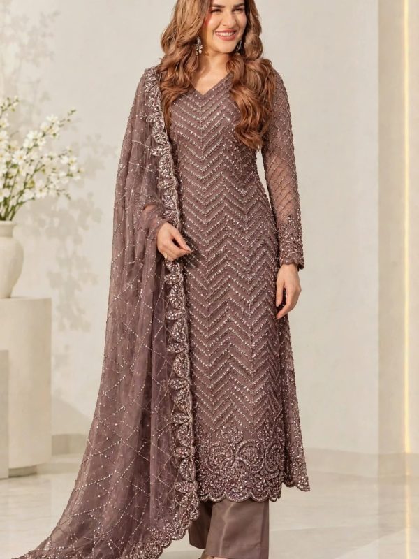 Shrenz Brown Soft Net Cutdana Formal Collection Replica