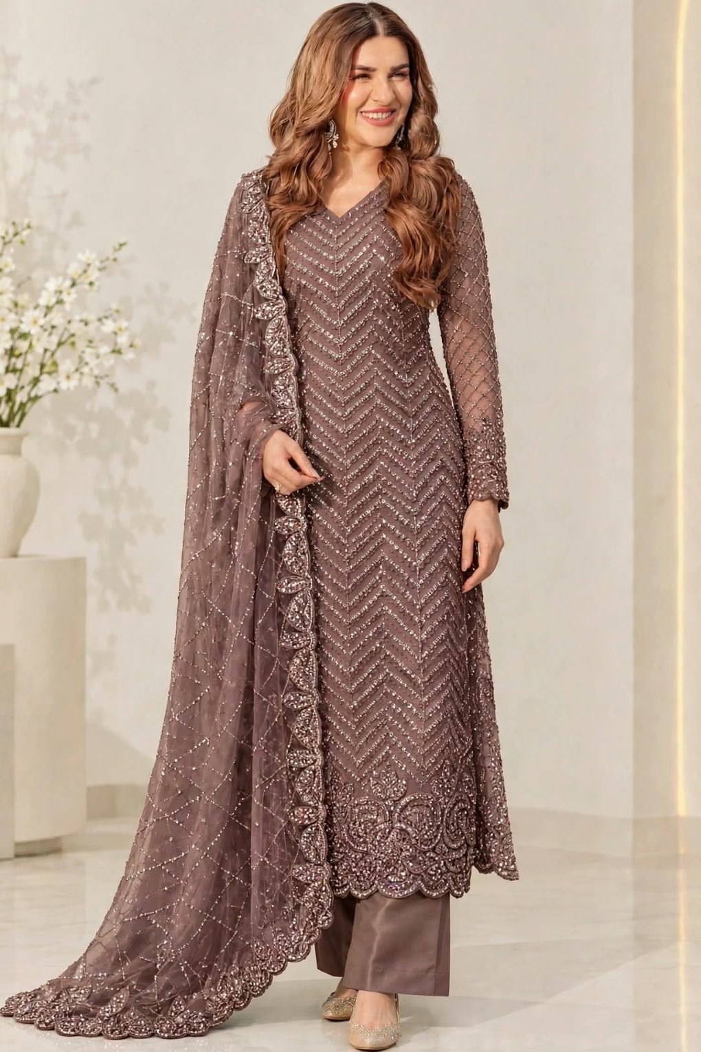 Shrenz Brown Soft Net Cutdana Formal Collection Replica