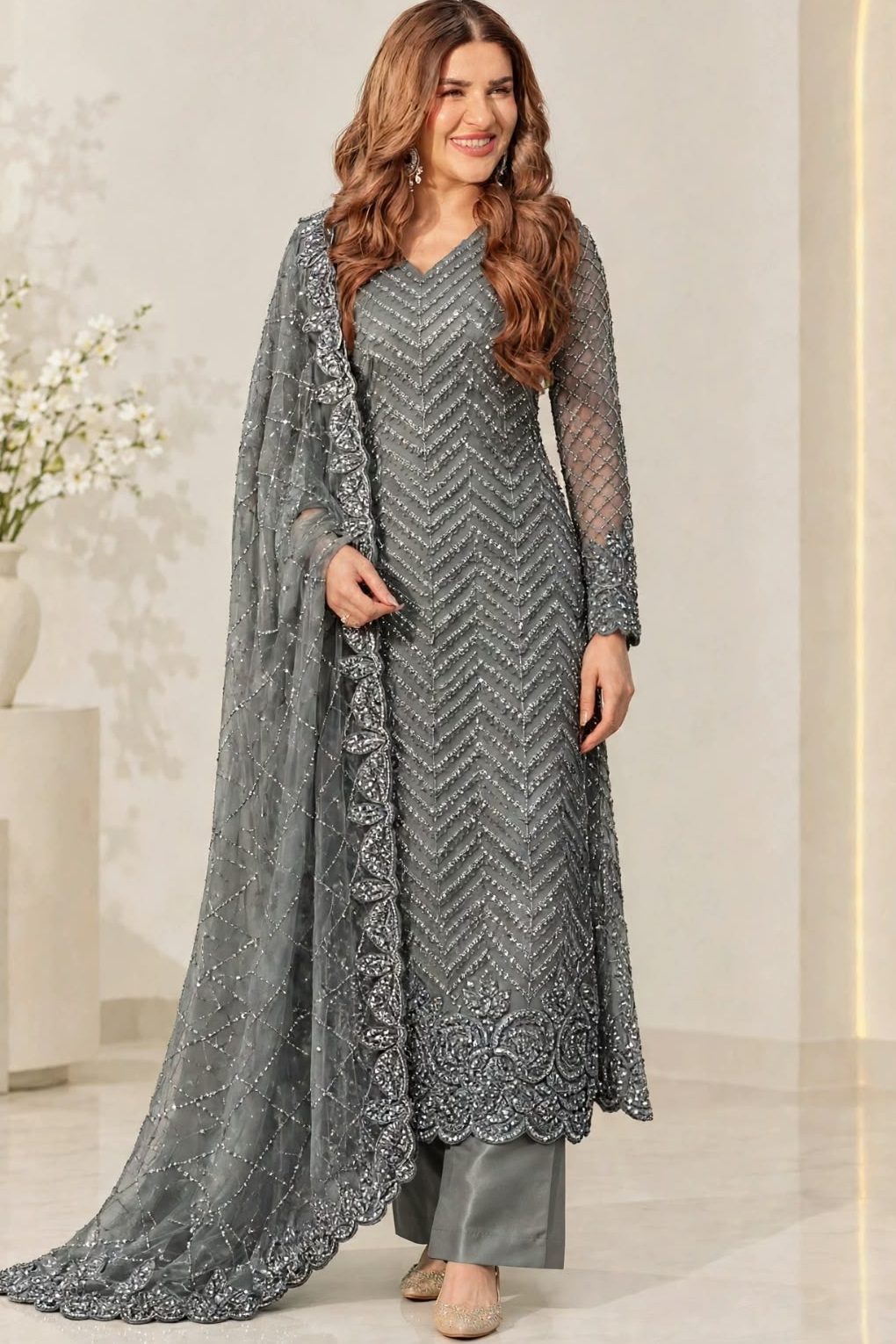 Shrenz Grey Soft Net Cutdana Formal Collection Replica