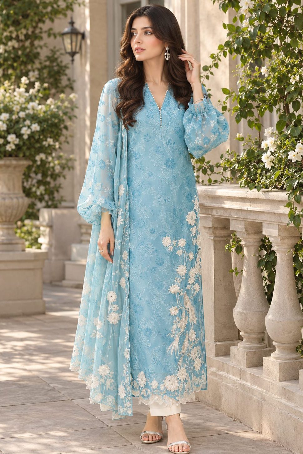 Shrenz Sky Blue Organza Formal Collection Replica
