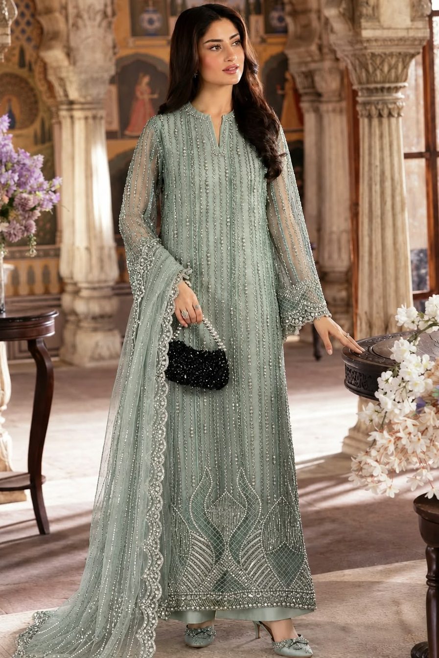 Shrenz Seagreen Soft Net Cutdana Formal Collection Replica