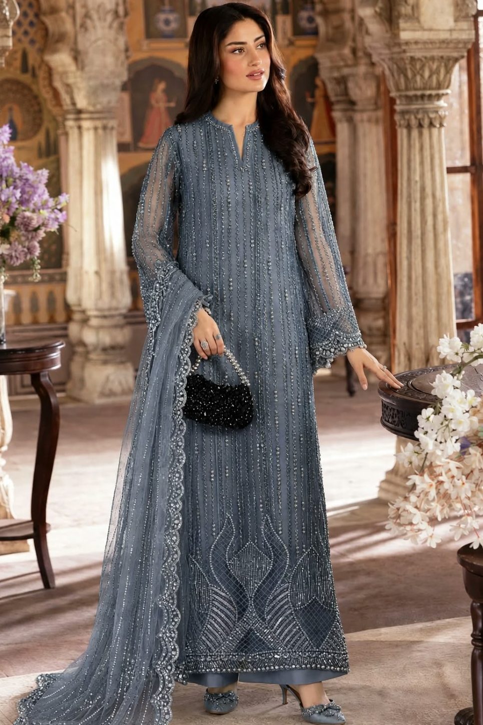 Shrenz Grey Soft Net Cutdana Formal Collection Replica