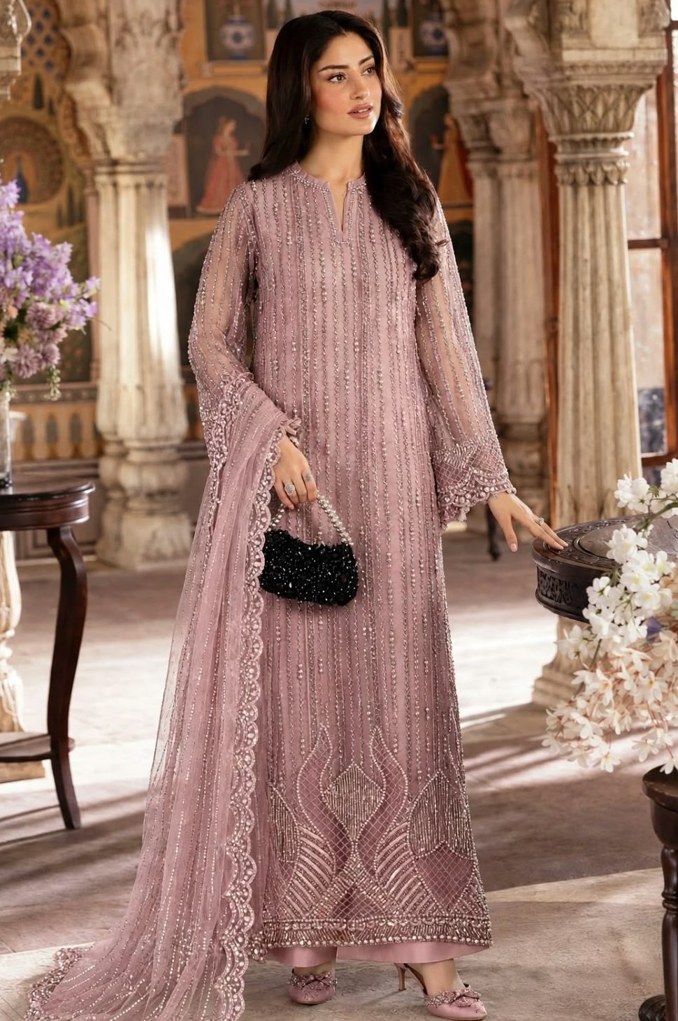 Shrenz Pink Soft Net Cutdana Formal Collection Replica